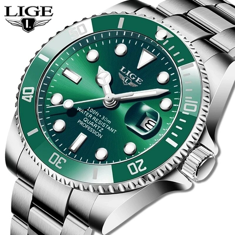 LIGE-Relógio Masculino Impermeável Esporte, Relógio Quartzo, Relógio de Data, 30ATM, Top Brand, Moda Luxo, Mergulhador