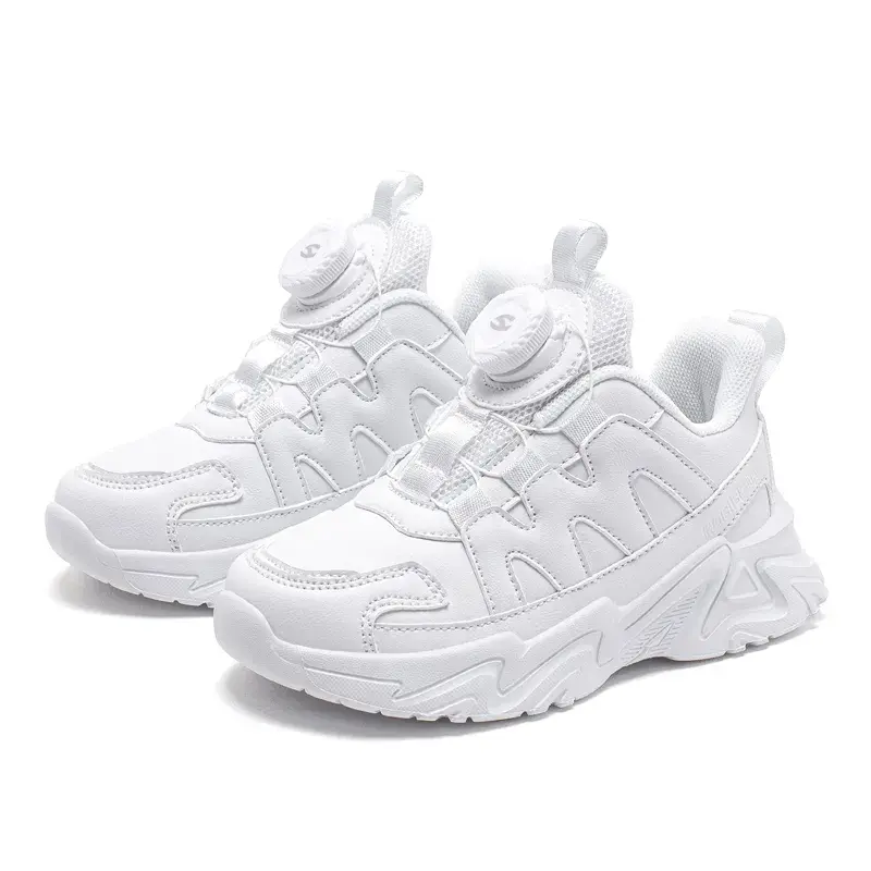 Children's Sports Shoes, Leather Upper, Small White Shoes, Autumn Boys and Girls' Rotating Buttons, All White Running Shoes