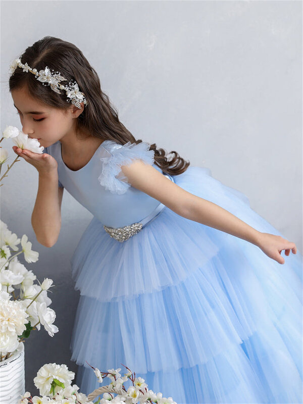 Elegancka aksamitna tiulowa osłona z dekoltem z okrągłym dekoltem w kwiaty sukienki dla dziewczynek bez pleców warstwowa sukienka na formalną imprezę bez rękawów do podłogi