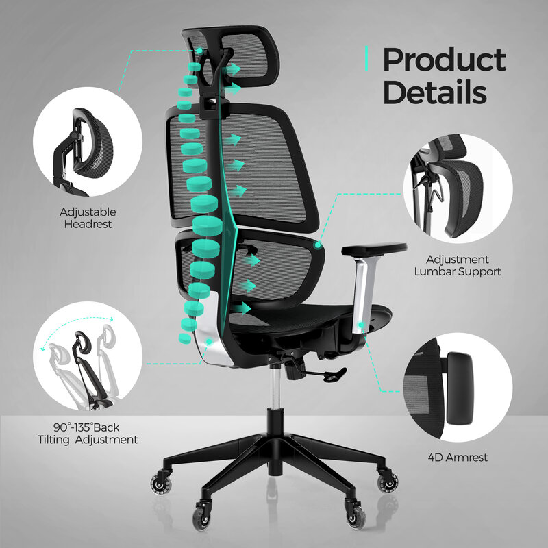 LINSY HOME krzesło do biura domowego z wysokim oparciem, ergonomiczne krzesło z regulowanym zagłówkiem i ramieniem, stabilizator lędźwiowy, koła poliuretanowe, czarne