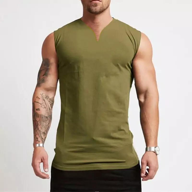 Plain Cotton V-neck Fitness Tank Top Men Summer Muscle Vest Gym Clothing Bodybuilding Sleeveless Shirt Workout Sports Singlets