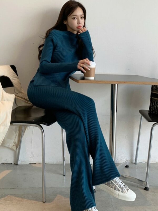 Winter Casual Thick Sweater Tracksuits O-neck Pullover & Elastic Waist Pants Suit Female Knitted 2 Pieces Set