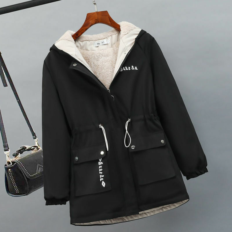 Jaket parka wanita, Luaran berkerudung serut tebal hangat untuk perempuan Streetwear mode Musim Dingin 2023