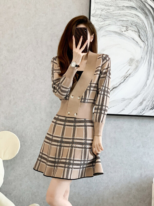 Vintage V-Neck Plaid Short Knitted Cardigan + High Waist Mini Skirts Two-Piece Female Fashion Sweet Suit Korean Autumn 2022 New
