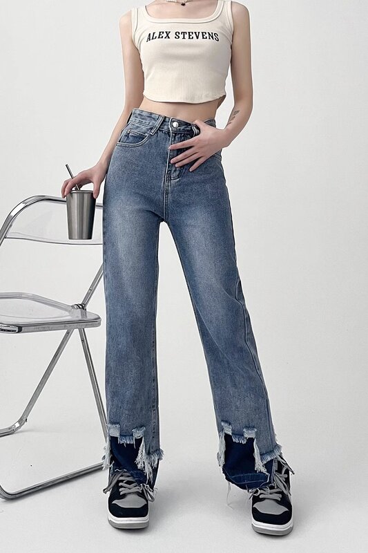 Vintage wysoki stan proste spodnie dżinsowe 2023 patchworkowe luźne w stylu Casual damskie Y2K szerokie nogawki Grunge główna ulica spodnie jeansowe