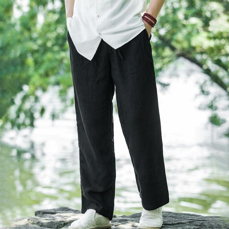 Elastic Waistband Pants Men Casual Trousers Japanese Style Wide Leg Men's Sweatpants with Side Pockets Drawstring for Comfort