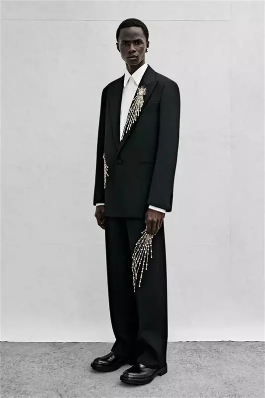 Traje negro de cristal de lujo para hombre, conjunto de 2 piezas, Blazer + Pantalones, chaqueta negra hecha a medida, abrigo de esmoquin de boda para novio