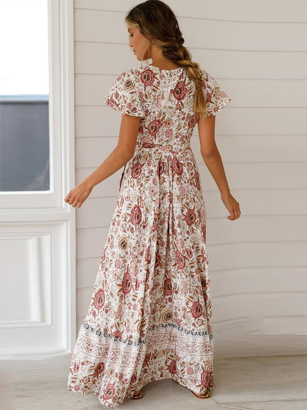 女性のためのボヘミアンスタイルのビーチドレス,ヴィンテージの花柄,長袖,セクシーな夏のVネック,パーティーに最適,2023