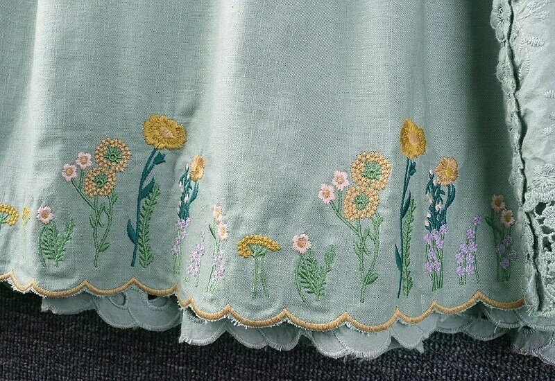 Bordado floral feminino saia de linho de algodão, retrô, elástico na cintura, oco, linho, japonês, menina Mori, doce, primavera, verão