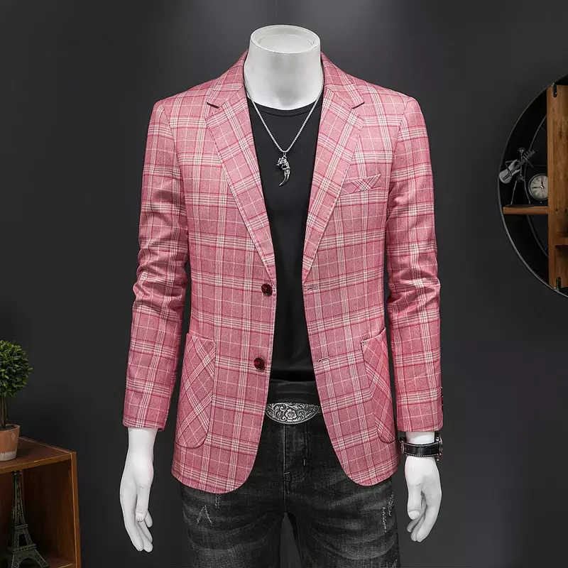 Jaket Blazer kotak-kotak pria, Blazer kasual bisnis ramping pas badan 2023, jaket jas 5XL musim semi dan musim gugur