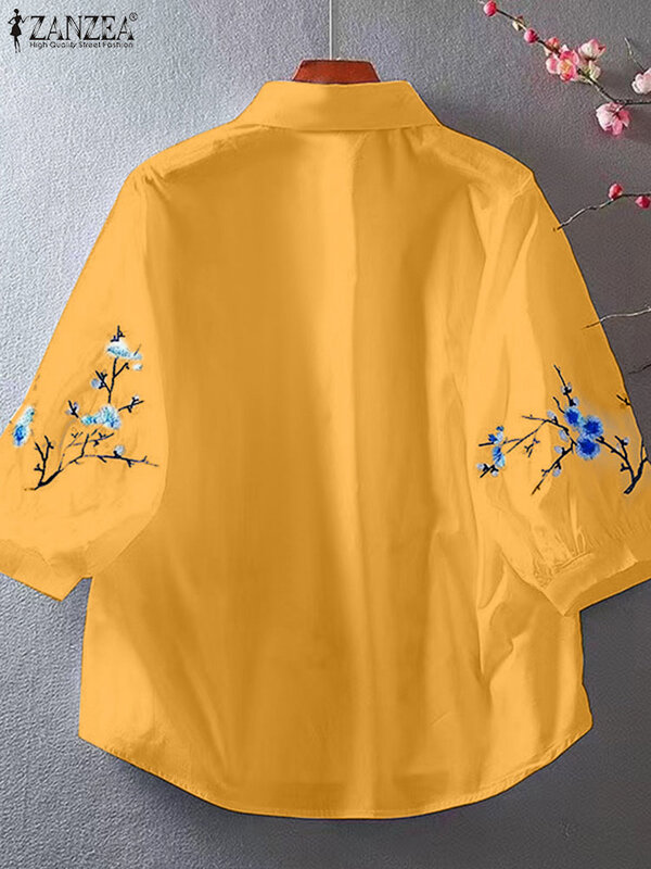 ZANZEA 2024 Summer Women Blouses Vintage Chic Fashion 3/4 Sleeve Floral Printing Tunic Tops Casual Turn-down Collar Shirts
