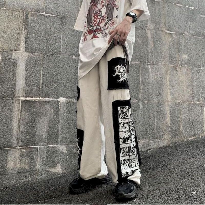 Duży rozmiar kombinezony dla mężczyzn wiosna i styl jesienny kreskówka kolaż mody spodnie typu Casual Harajuku Y2k spodnie uliczne dla mężczyzn