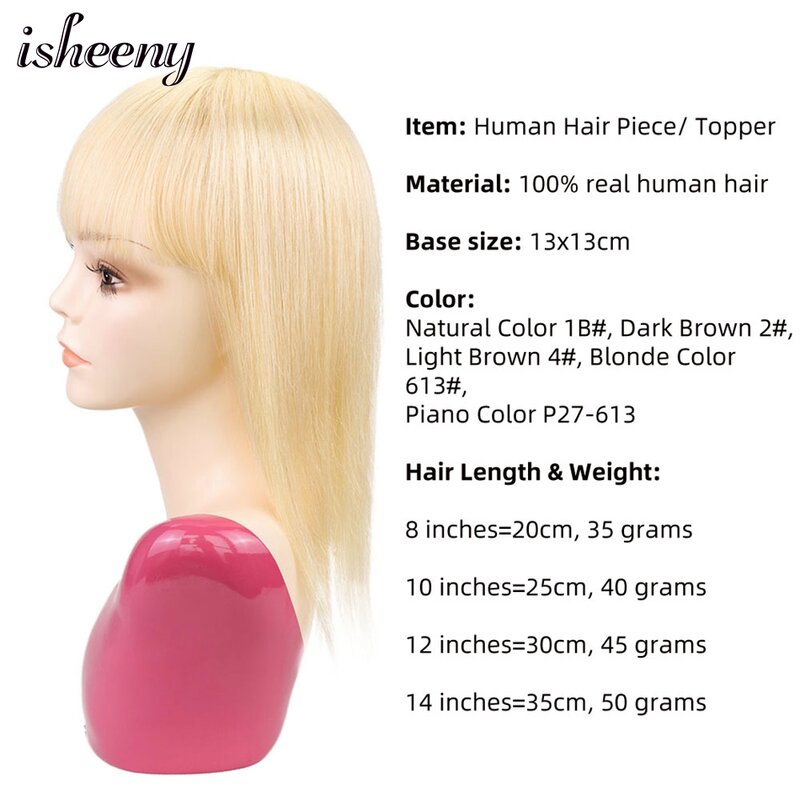 8"-18" Blonde Natural Human Hair Topper Bangs Toupee Women Clip In Hair Pieces 13x13cm Toppers Middle Part Hair Top Wig