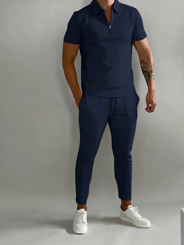 Nieuwe Effen Kleur Mannen Pak Zomer Casual Korte Mouw Polo Shirt Kalf Broek & Voor Mannen Streetwear Man Trainingspak 2-Delige Set