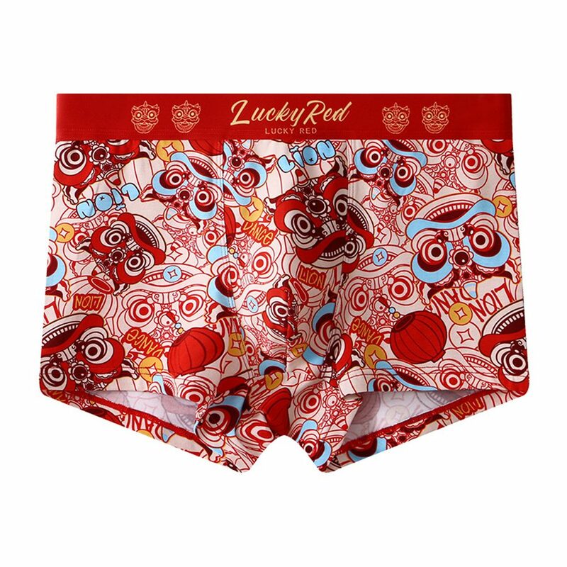 Red Flat Boxers Mens Print U Convex Pouch Boxer Briefs Underwears Cotton Male Breathable Oversized Underpants Shorts Gifts