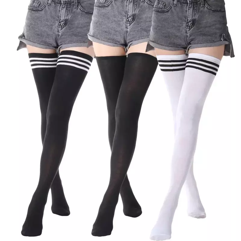 Kaus kaki setinggi paha wanita kaus kaki panjang bergaris hitam putih seksi stoking panjang Lolita manis di atas lutut untuk wanita kaus kaki hangat untuk perempuan