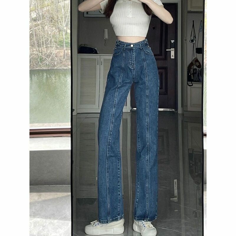 Jeans de perna reta cintura alta para mulheres, novo design de renda menina picante com cortina de nicho e calças de perna larga, verão