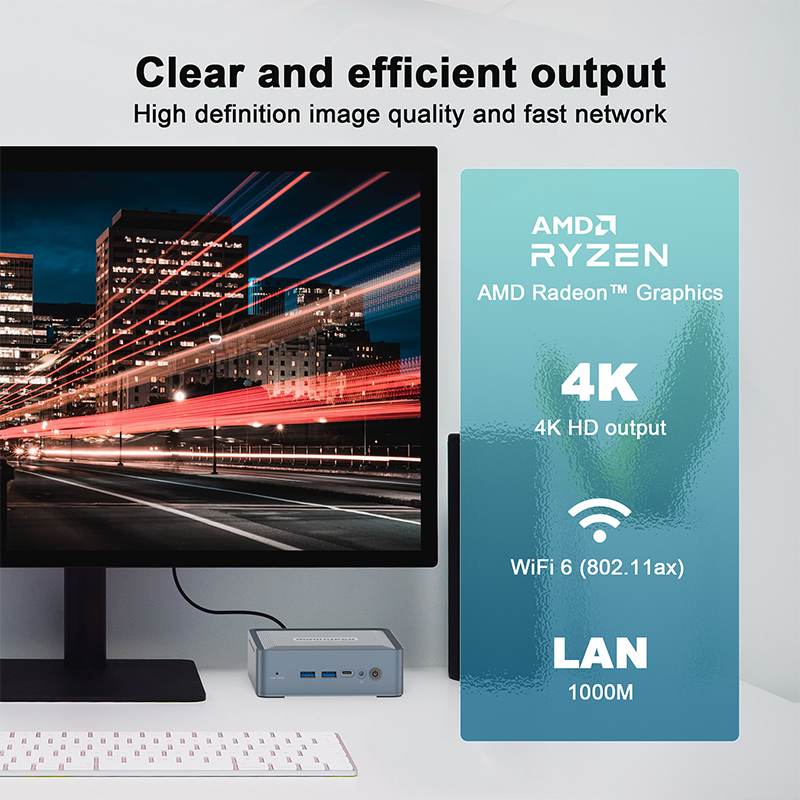 Мини-ПК MiniHyper HP8, процессор AMD Ryzen 7 5800U, 8 ядер, память 16 ГБ, SSD NVME 512 ГБ, Wi-Fi, 6E, HDMI, разъем постоянного тока, USB Type-C