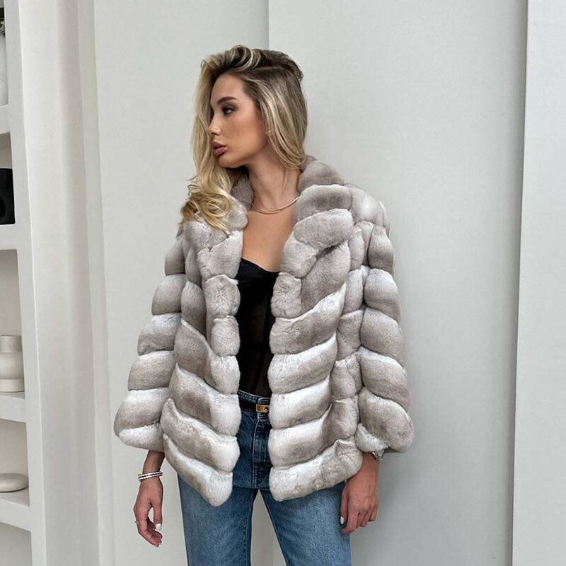 Jaqueta de pele de coelho real Rex para mulheres, casaco de chinchila, estilos mais vendidos, inverno, 2024