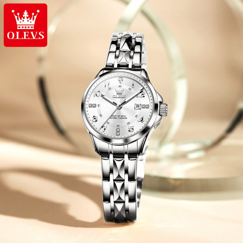 OLEVS-Relógio Quartzo de Aço Inoxidável Feminino, Impermeável, Calendário, Marca Top, Luxo, Relógio de Pulso Vestido, Nova Moda