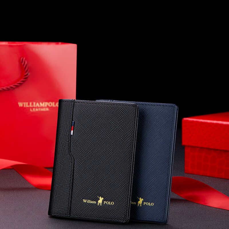 Бумажник мужской кожаный компактный, короткий вертикальный кошелек из воловьей кожи с отделением для карт, портативный бумажник с подарочной коробкой WILLIAMPOLO