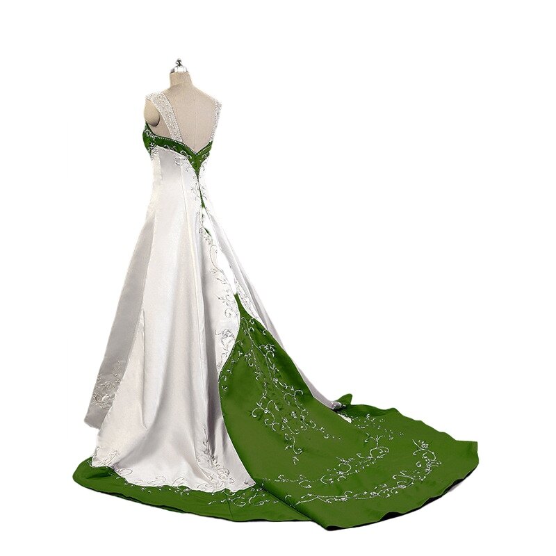 White and Hunter Green Wedding Gown Retro Beaded Stain Embroidery chapel train country bridal dresses plus size robe de mariée