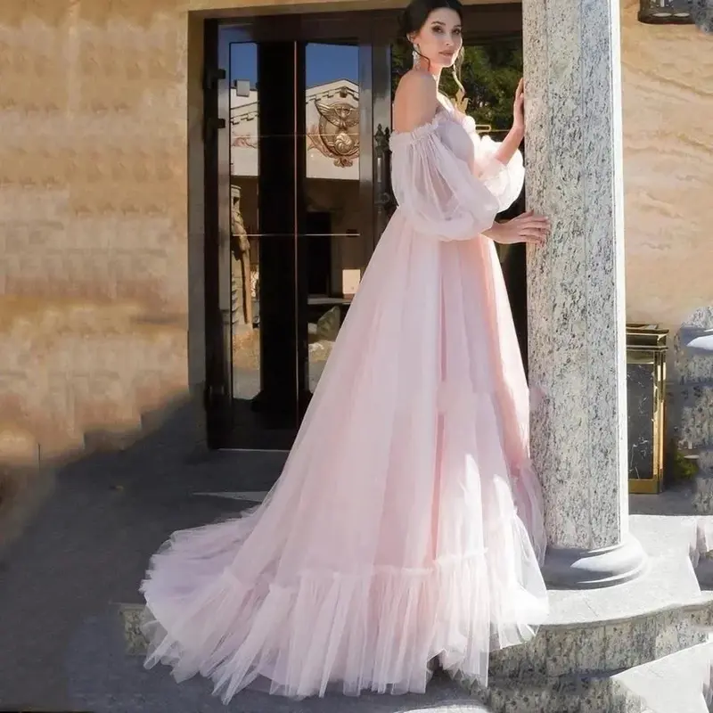 Nieuwe Elegante Romantische Roze Gezwollen Mouwen Met Sexy Schouderplooien A-Line Tule Vloerlengte Op Maat Speciale Avondfeest