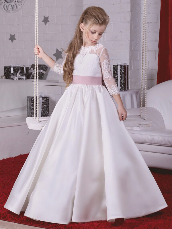 Robes de demoiselle d'honneur avec nœud rose, appliques en satin blanc, manches longues, mariage, anniversaire, banquet, robe de première communion
