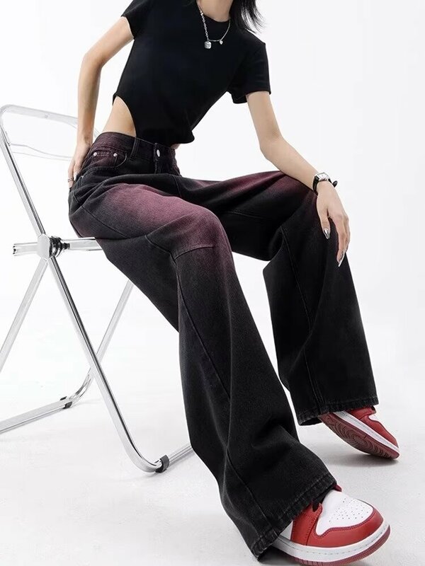 Celana JEANS Harajuku วินเทจผู้หญิงไซเบอร์ขากว้างกางเกงยีนส์ฮิปปี้เอวสูงกางเกงขายาวลำลองทรงแบ็กกี้ยาวเต็มตัวสีแดง