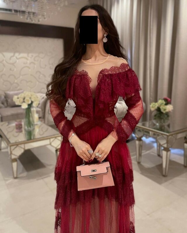 Koendye Daudi  Prom Dresses Long Sleeves Lace Tulle Tiered Burgundy Party Saudi Arabia Women Wear Special Banquet Evening Gowns