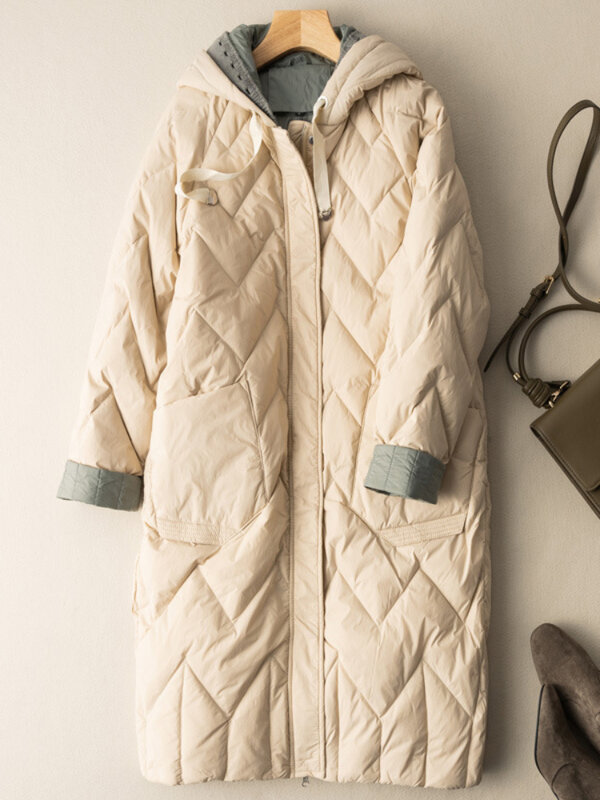 Chaqueta de plumón ligera para mujer, abrigo largo informal con capucha, Parkas holgadas a cuadros, ropa de nieve, prendas de vestir de invierno