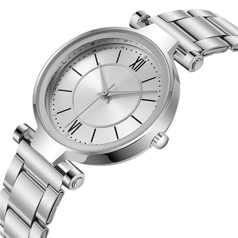 Relógios de aço inoxidável de ouro rosa para mulheres, Classic Round Dial Quartz Watch, Relógios de pulso femininos, Jóias de pulso
