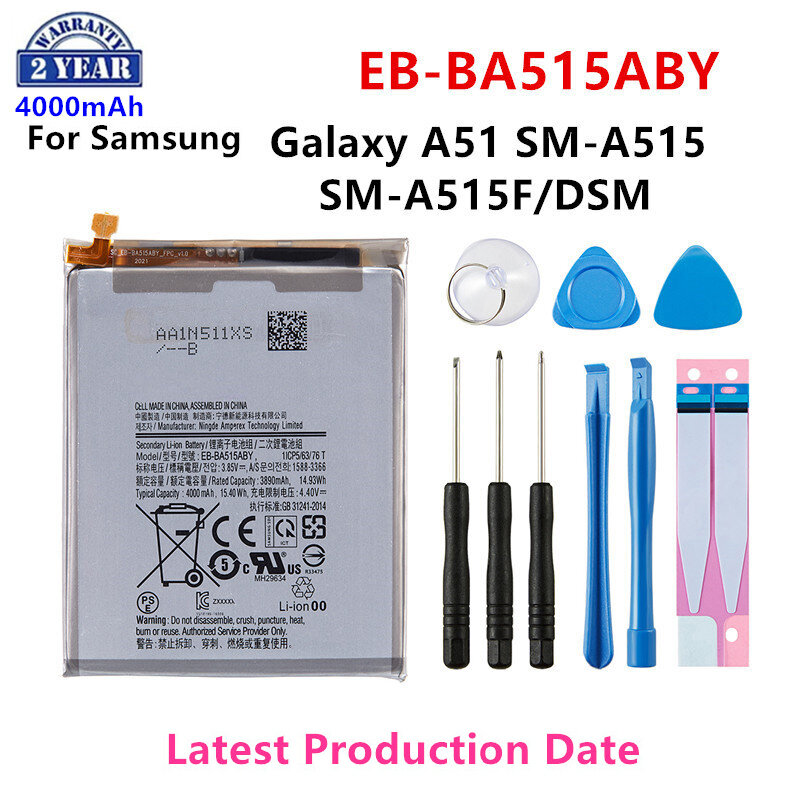 Bateria de substituição para Samsung Galaxy A51, novo EB-BA515ABY, 4000mAh, SM-A515, SM-A515F, DSM, baterias e ferramentas