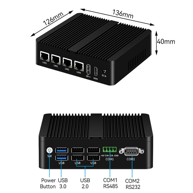 Helorpc 4LAN2COM PC Mini industri dengan Inter N100 DDR4 RS485/RS232 mendukung Windows10 LINUX WIFI Bluetooth komputer tanpa kipas
