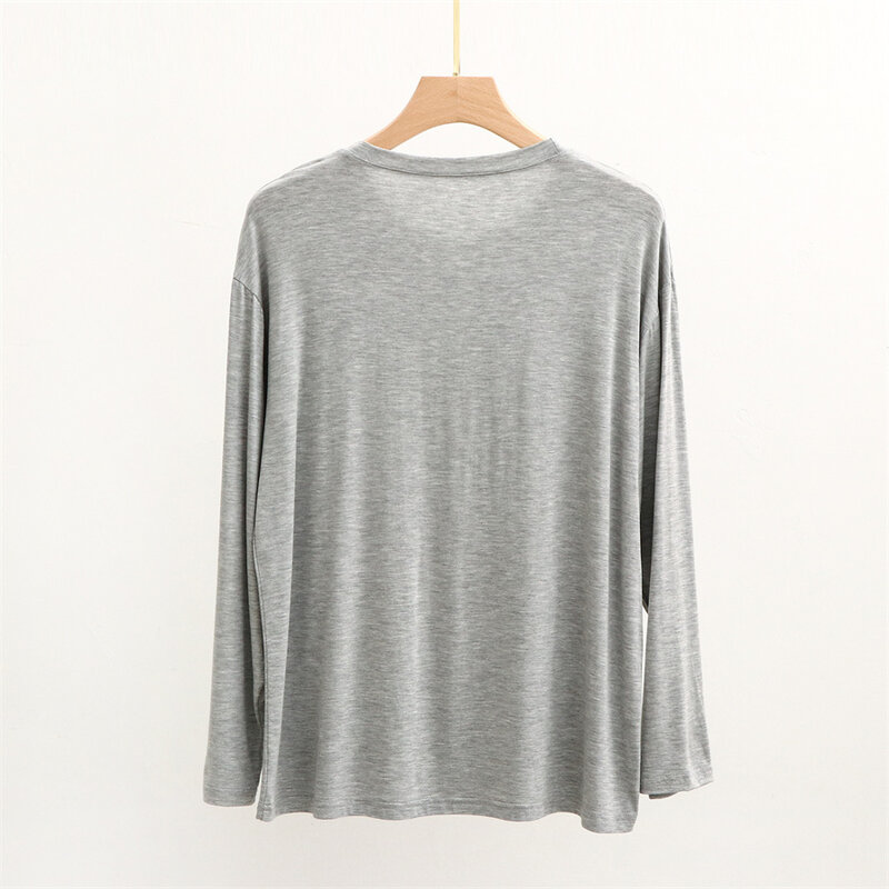 Camiseta de manga comprida modal com decote em o masculino, tops para dormir, elástico, roupa de dormir casual sólida, pijama masculino, novo, 2022