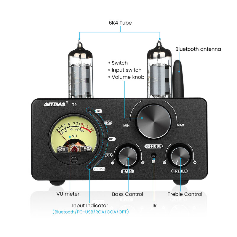 AIYIMA T9 HiFi Bluetooth 5,0 Amplificador de tubo de vacío USB DAC estéreo Amplificador COAX OPT Audio en casa Amplificador de potencia Medidor de VU 100W