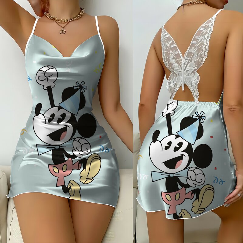 Gaun Mini Mickey Disney gaun pesta permukaan Satin rok piyama Minnie Mouse simpul pita mode Musim Panas 2024 renda seksi baru