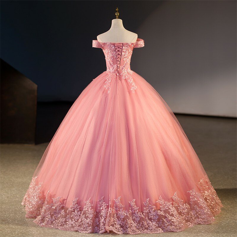 우아한 오프숄더 파티 드레스, 핑크 퀸시네라 드레스, 스위트 플라워 볼 가운, 클래식 레이스 무도회 드레스, 여름 신상