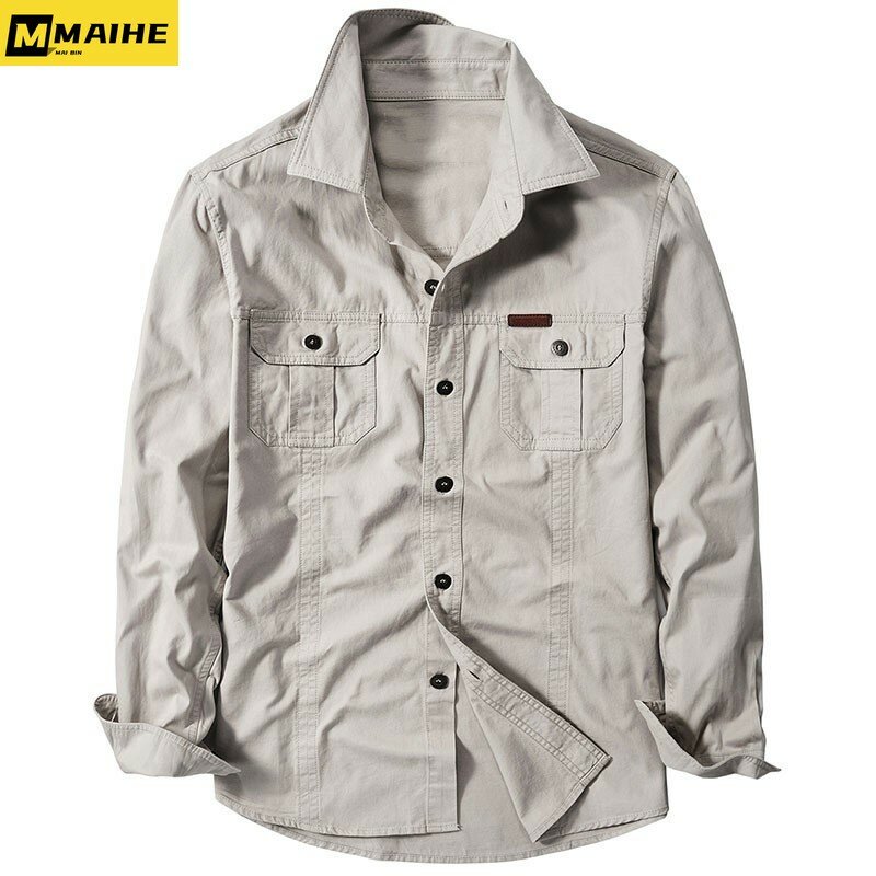 Camisa retrô de algodão manga longa masculina, camisa casual carga, plus size, 5XL, 6XL, Primavera