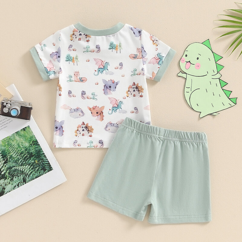 VISgogo Toddler Boy Summer Outfit Cartoon Animal Print t-shirt manica corta con pantaloncini elastici in vita tinta unita