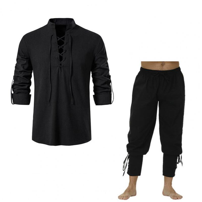 Elastic Waist Drawstring Trousers Renaissance Medieval Viking Style Men's Shirt Pants Set with Stand Collar Lace-up Long for Men