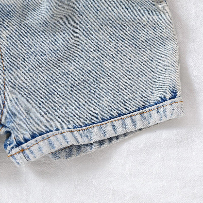 Camisola plissada listrada para meninas com shorts jeans cintos, roupas casuais infantis de verão, 4-7t