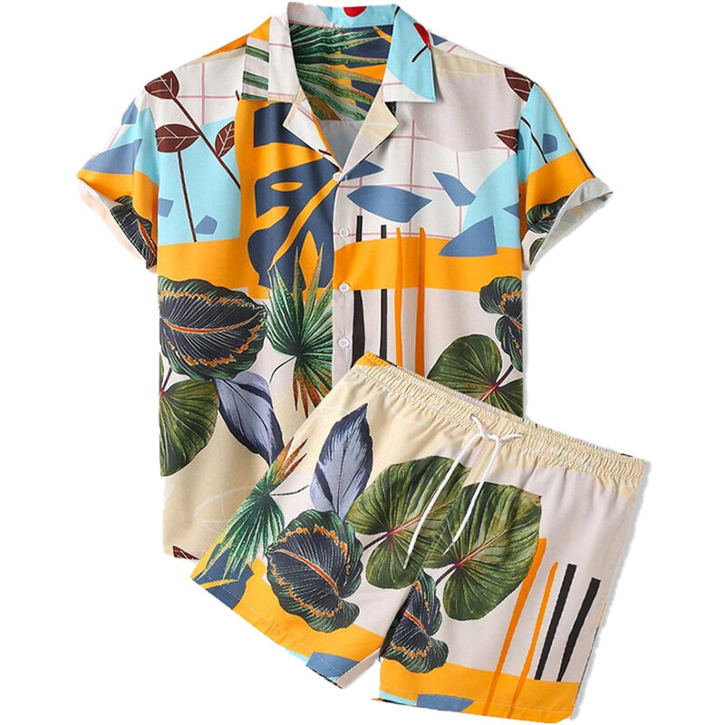 Комплект пляжных шорт из гавайской рубашки с коротким рукавом и шортов, пляжная одежда с принтом, повседневная мужская одежда из 2 предметов, уличная одежда с пуговицами
