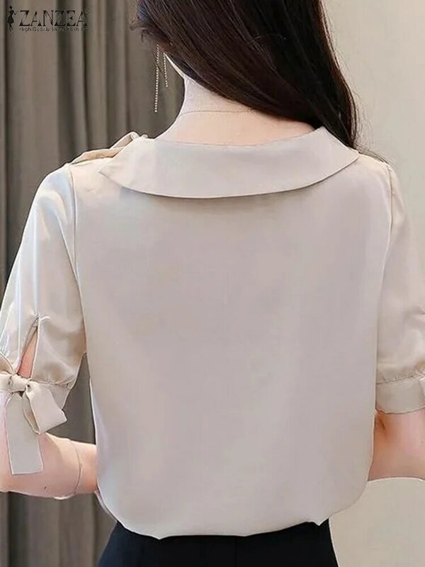 ZANZEA-blusa feminina com gola lapela, camisa casual extragrande, manga curta, tops de festa, elegante de escritório, moda verão 2024
