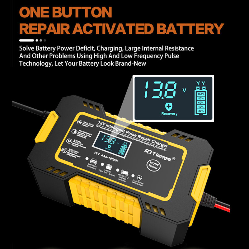 Cargador de batería de coche completamente automático, pantalla Digital de 12V, cargadores de reparación de pulsos de energía, ácido de plomo seco y húmedo