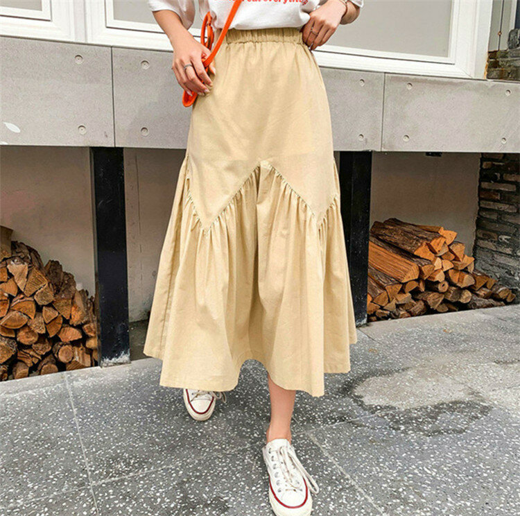 Rok lipit model Korea, rok katun Linen asimetris, rok panjang A-Line warna polos, Rok lipit model Korea, pakaian musim panas 2024