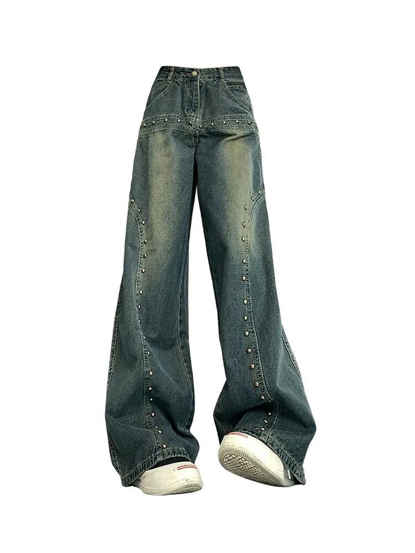 Calça de perna larga azul com rebites, cintura alta, jeans comprido, calça jeans casual fina, tendência coreana, hip-hop, moda, novo design