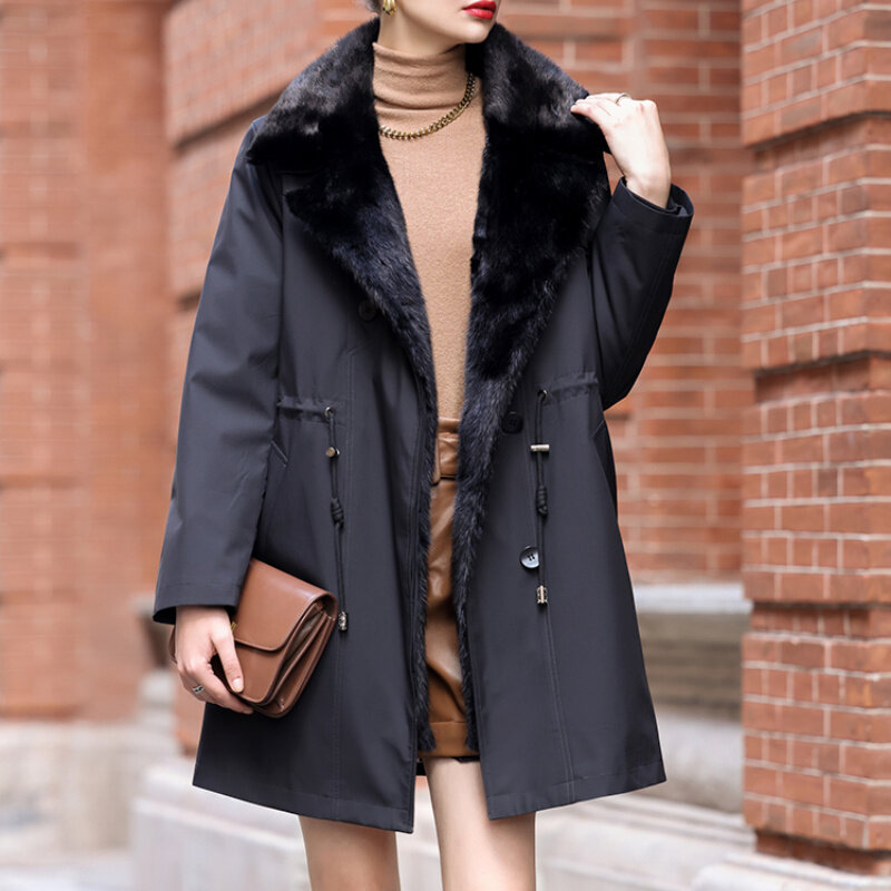 แฟชั่นสำหรับผู้หญิง Parkas Mink เสื้อแจ็คเก็ตเสื้อผ้าผู้หญิงหญิง Elegant กลางความยาวที่ถอดออกได้พู่ขนกระต่าย Mink Fur Coat