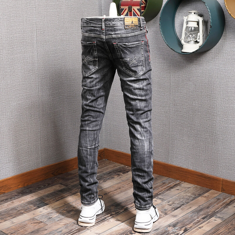 Streetwear modne dżinsy męskie Retro czarny szary elastyczny Slim porwane jeansy męskie Vintage Designer Casual Stretch spodnie dżinsowe Hombre