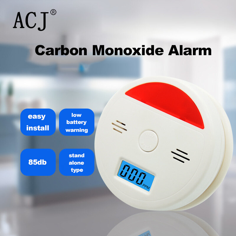 ACJ Detektor Karbon Monoksida Berdiri Sendiri LCD Layar Digital Tes Peringatan CO Sensor Kebocoran Asap Kebakaran untuk Rumah Hotel Sekolah